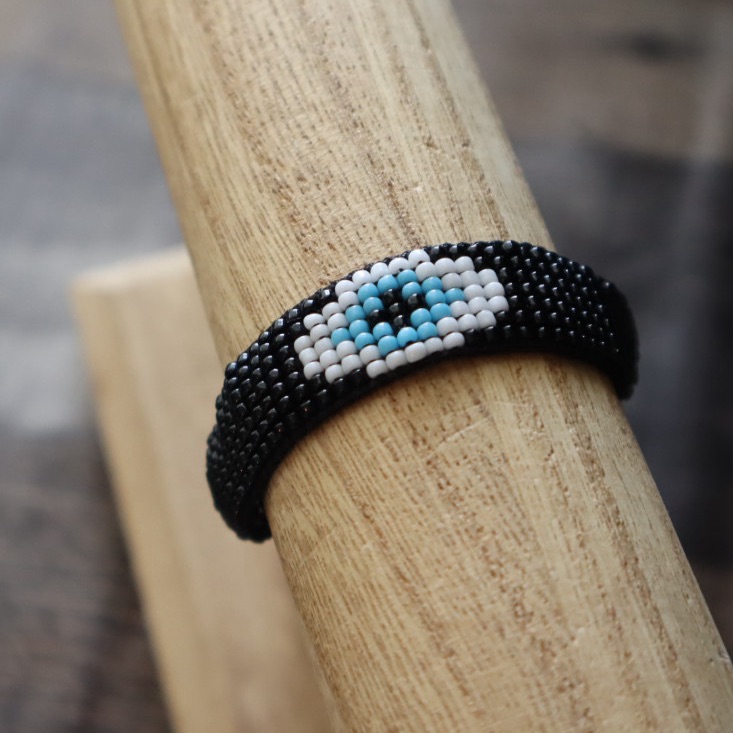 Black Beaded Bracelet Evil Eve With Blue And White Design